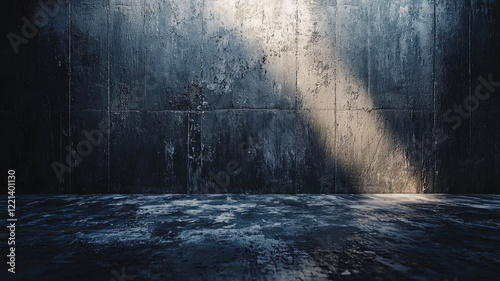 Dark grunge interior with concrete walls and floors illuminated by a narrow beam of light