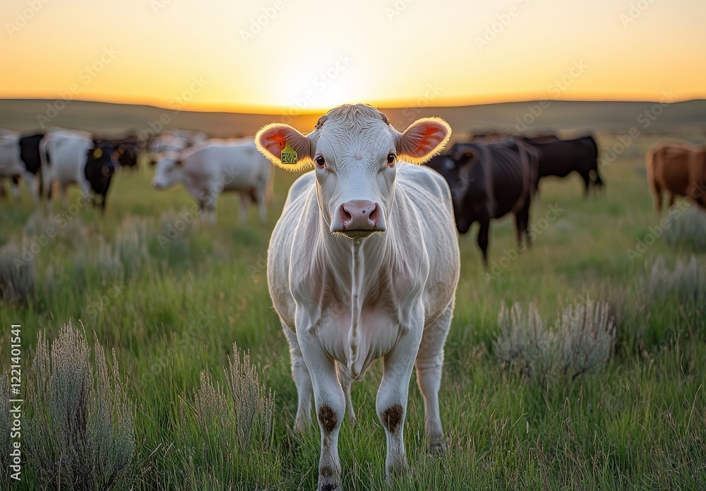 Cow in Pasture at Sunset: A Serene Landscape Depicting Livestock Grazing Amongst Lush Green Grass Beneath Warm Golden Sunlight at Dusk in Rural Setting Cow in Pasture at Sunset: A Serene Landscape Depicting Livestock Grazing Amongst Lush Green Grass Beneath Warm Golden Sunlight at Dusk in Rural Setting