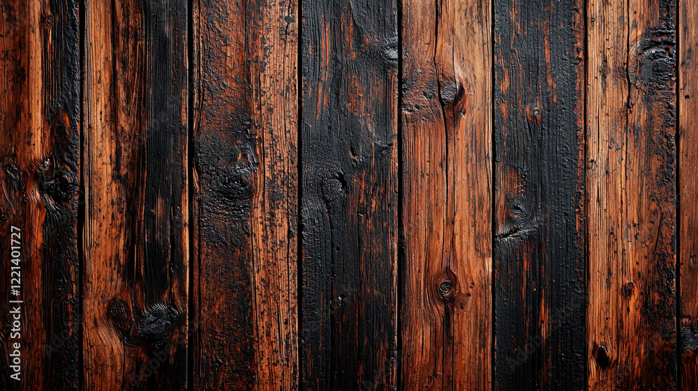 Naklejka premium Dark burnt wooden planks with rustic texture and aged natural patterns in a vintage style.