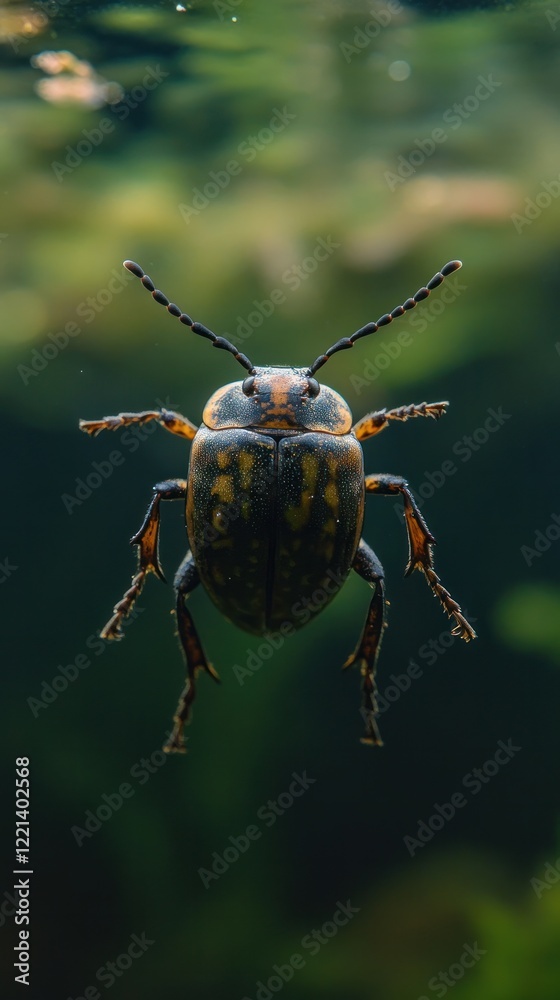 Fototapeta premium Closeup macro photography of a vibrant green beetle insect crawling on a lush green leaf or plant This detailed shot showcases the intricate patterns textures