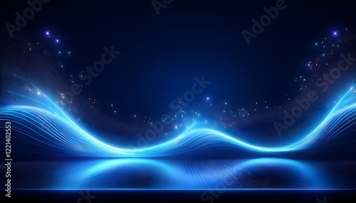 Neon Wave abstract background, Isolated on a dark background, Blue Neon wave with glow, Technology, network, internet concept, Copyspace with an empty table 