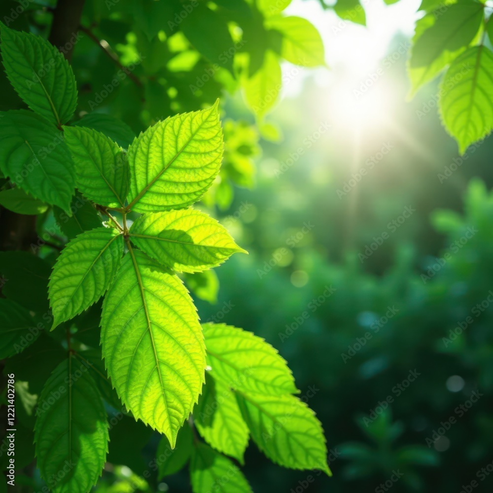 Vibrant green leaves, lush foliage, sunlight dappled , closeup, forest, outdoor Vibrant green leaves, lush foliage, sunlight dappled , closeup, forest, outdoor