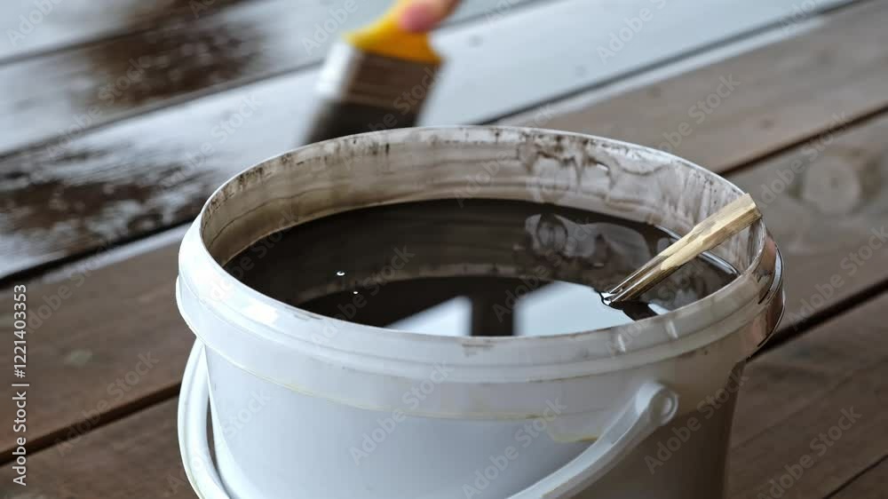 Close-up of bucket of brown paint. A person's hand oiling a wooden floor. Drying oil. Painting work. Impregnating boards. Varnish finish coating. Manual work. Side view. 4K.