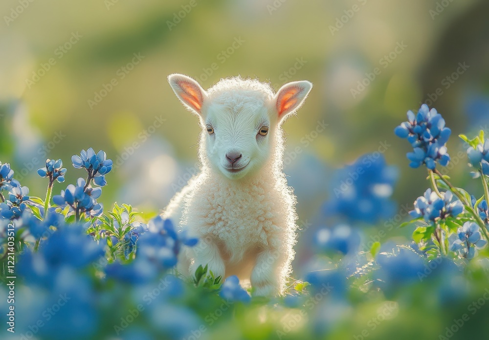 Cute Baby Lamb Surrounded by Blue Wildflowers in a Serene Pastoral Landscape, Captivating Nature Scene Showing Joy and Innocence of Springtime Cute Baby Lamb Surrounded by Blue Wildflowers in a Serene Pastoral Landscape, Captivating Nature Scene Showing Joy and Innocence of Springtime
