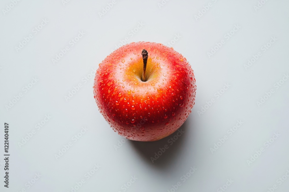 One delicious red apple, with drops of water on it, a summer treat, healthy food, on a simple gray background, top view One delicious red apple, with drops of water on it, a summer treat, healthy food, on a simple gray background, top view