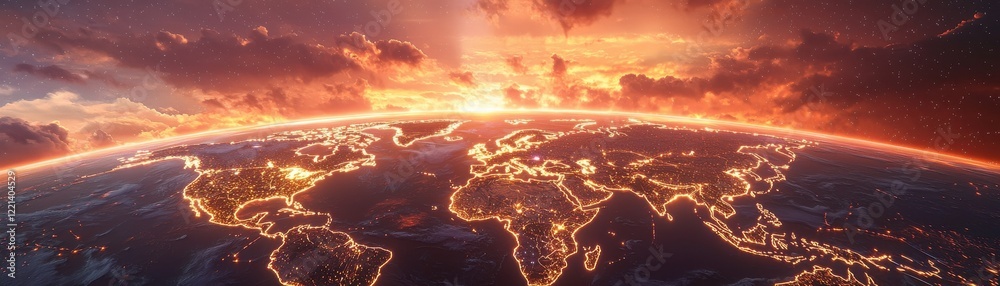A stunning view of Earth from space, showcasing illuminated continents beneath a colorful sunset, highlighting the planet's beauty and interconnectedness. A stunning view of Earth from space, showcasing illuminated continents beneath a colorful sunset, highlighting the planet's beauty and interconnectedness.