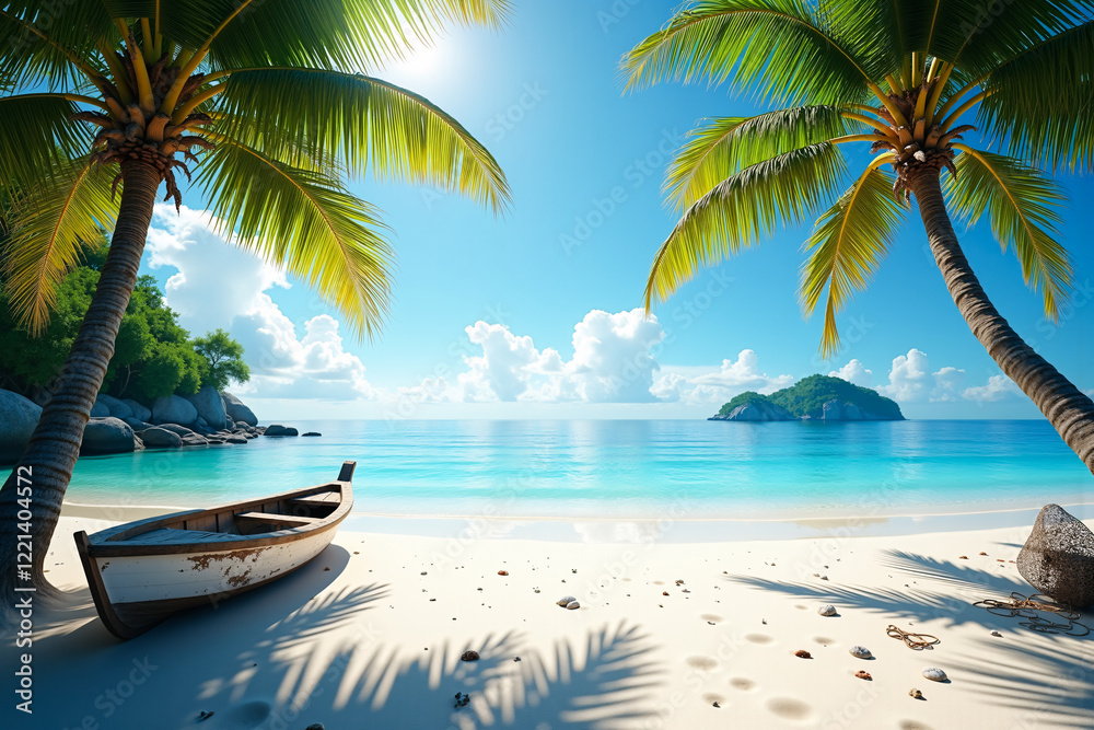 Idyllic Tropical Beach with Palm Trees, a Boat, and a Scenic Island in the Distance Idyllic Tropical Beach with Palm Trees, a Boat, and a Scenic Island in the Distance