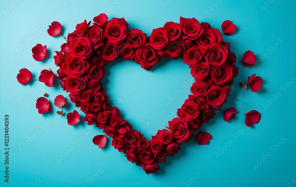 Elegant valentines day flowers heart shape on a blue background and Romantic symbol love. Elegant valentines day flowers heart shape on a blue background and Romantic symbol love.