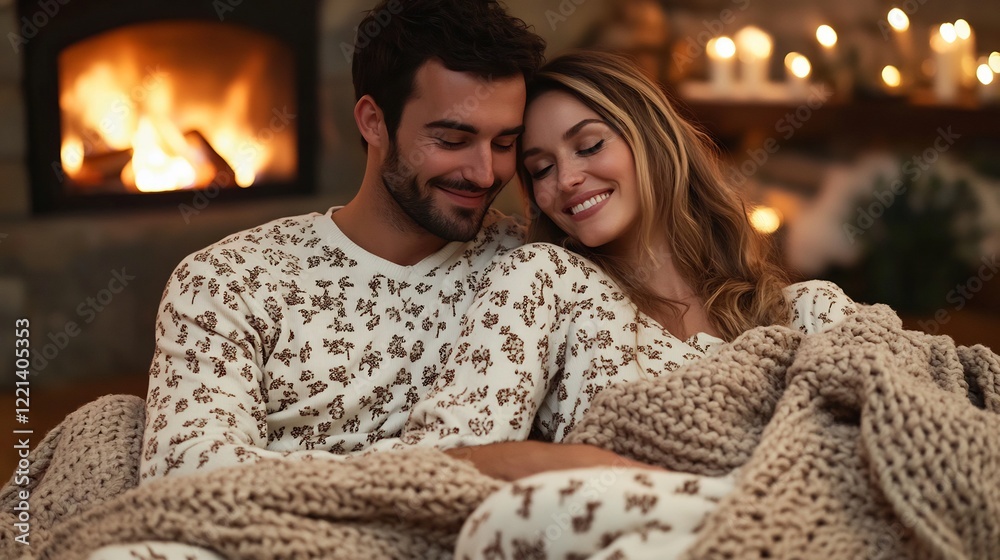 Couple matching pajamas snuggled under a chunky knit blanket warm fireplace glow Couple matching pajamas snuggled under a chunky knit blanket warm fireplace glow