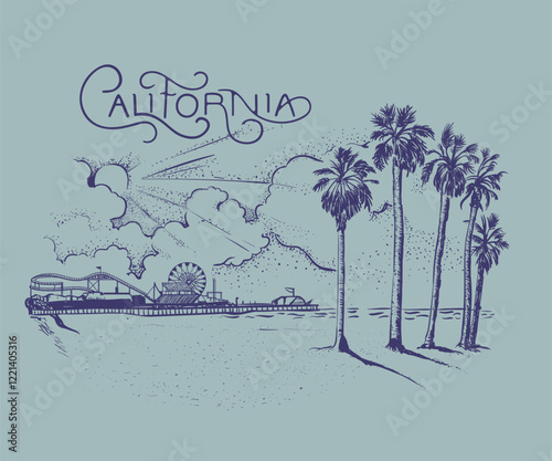 California palm beach vector art, Ferris wheel at Santa Monica beach illustration, Summer beach artwork for  t shirt, poster, screen print, sunshine with cloud drawing 