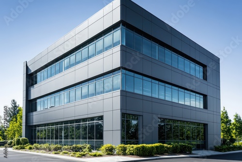 A rectangular office building with smooth gray walls, inset glass panels, and minimal landscaping