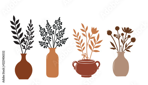 Set of ceramic vase icon, Botanical style isolated on a white background, Eps 10.	