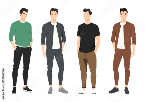 Vector illustration of four men in casual clothing, each with distinct styles, showcasing modern and stylish everyday fashion for men.