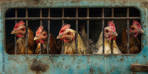 Wallpaper Mural Group of Chickens Behind Metal Bars in a Transport Cage, Capturing the Harsh Reality of Poultry Farming and Animal Welfare Concerns in Modern Agriculture Practices Torontodigital.ca