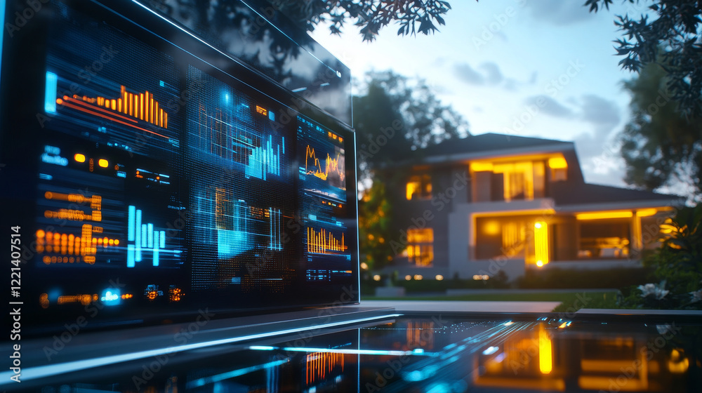 Fototapeta premium Futuristic digital interface displaying data analytics with modern home