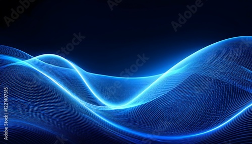 Neon Wave abstract background, Isolated on a dark background, Blue Neon wave with glow, Technology, network, internet concept, Copyspace