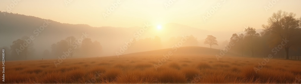Obraz premium Hazy, foggy landscape with a lone horse in the foreground