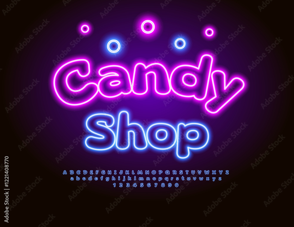 Vector Neon signboard Candy Shop. Glowing Cartoon Style Font. Electric set of Alphabet Letters and Numbers. Vector Neon signboard Candy Shop. Glowing Cartoon Style Font. Electric set of Alphabet Letters and Numbers.