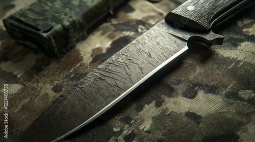 Close-up view of a scratched combat knife on camouflage fabric background. Generative AI photo