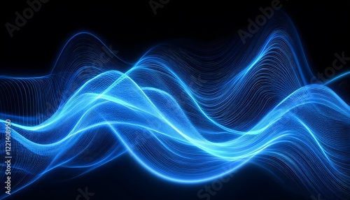 Neon Wave abstract background, Isolated on a dark background, Blue Neon wave with glow, Technology, network, internet concept, Copyspace