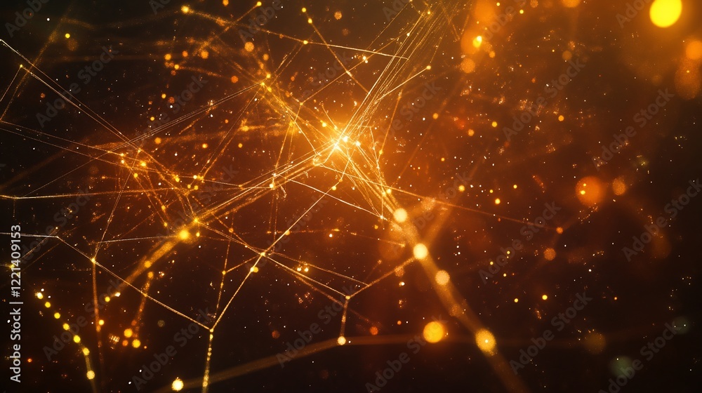 Obraz premium Abstract golden network connection with shining light particles in a dark background space