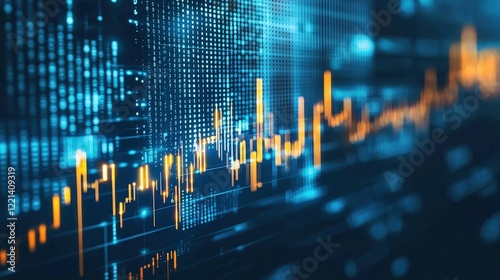 Abstract financial graph with dynamic blue and orange lines on a digital background, symbolizing market trends and economic analysis. Perfect for finance and business strategy themes.