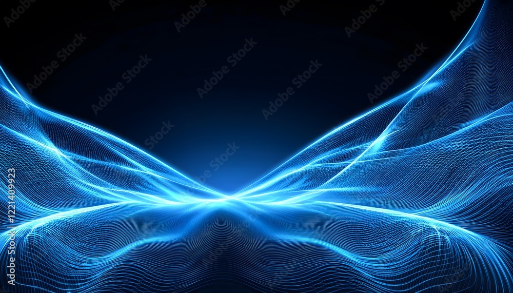 Fototapeta premium Neon Wave abstract background, Isolated on a dark background, Blue Neon wave with glow, Technology, network, internet concept, Copyspace
