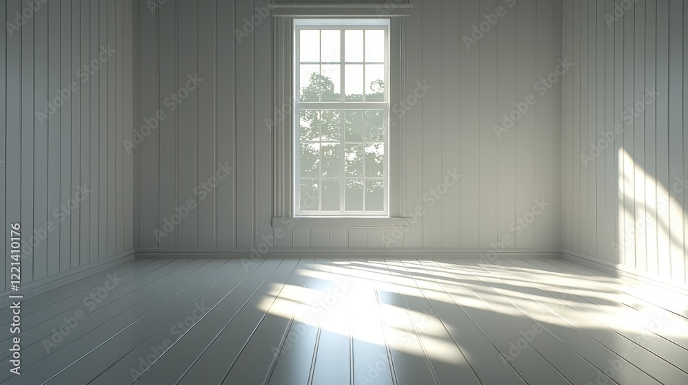 Fototapeta premium Empty white room, sunlit wood floor, window view, design mockup