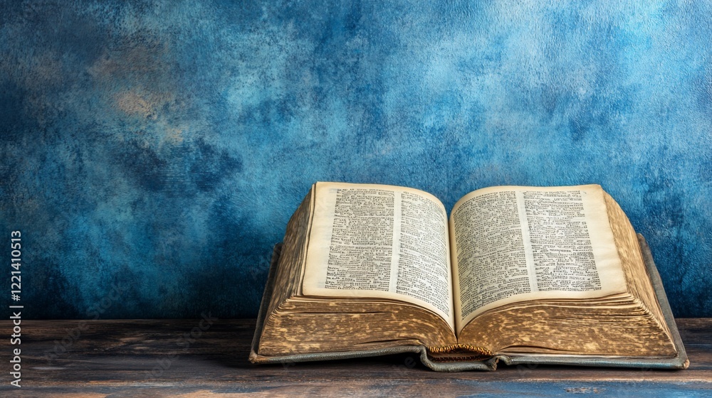 Obraz premium Close-up of an old open book resting on a rustic wooden table against a textured blue backdrop