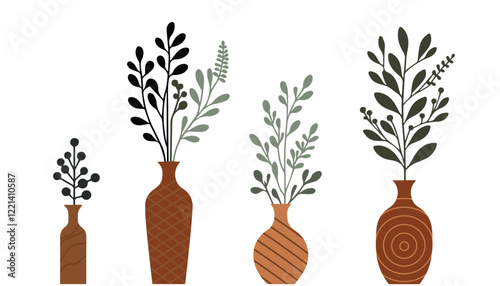 Set of ceramic vase icon, Botanical style isolated on a white background, Eps 10.	