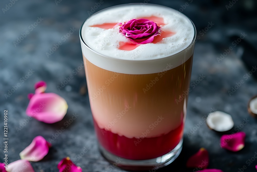 A layered coconut rose latte with pink rose syrup at the bottom and a frothy coconut milk foam. A layered coconut rose latte with pink rose syrup at the bottom and a frothy coconut milk foam.