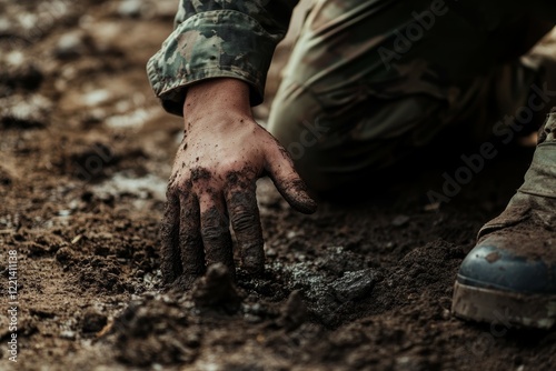 Soldier connecting with the earth during military training in a barren terrain. Generative AI photo