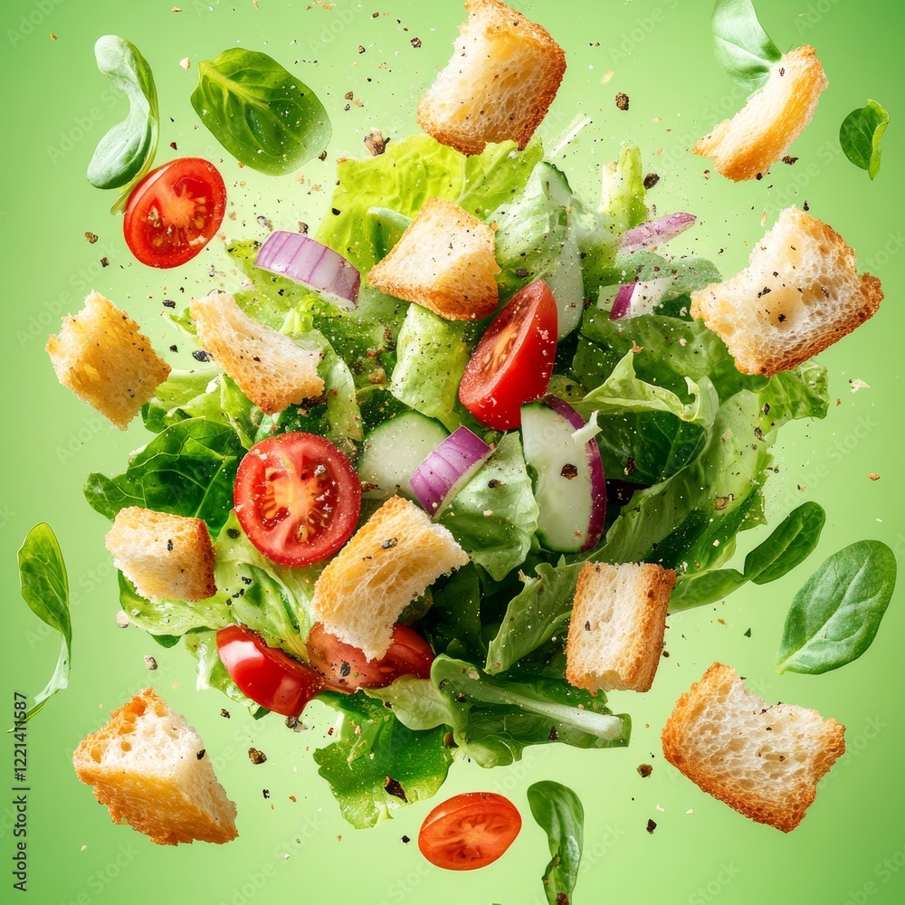 custom made wallpaper toronto digitalAn appetizing composition of a fresh vegetable salad with croutons, tomatoes, cucumbers, and lettuce tossed in mid-air against a vibrant backdrop.