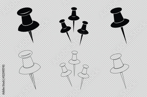 Thumb Pin Vector Set featuring silhouette and line art designs. Perfect for office, educational, and design purposes. Enhance your creativity with versatile and detailed thumb pin graphics