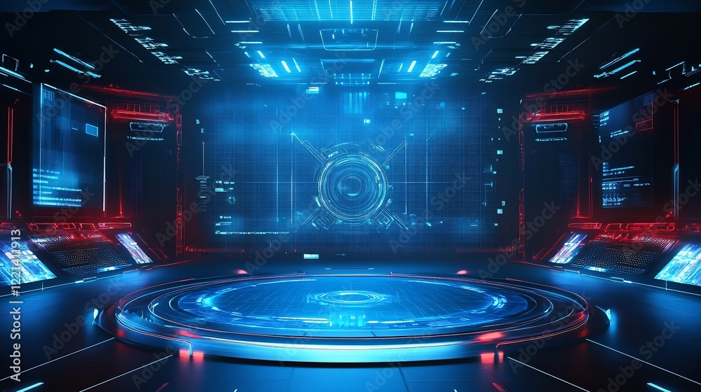 Futuristic control room with circular platform and holographic displays. Futuristic control room with circular platform and holographic displays.