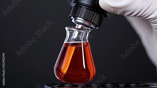 Precise Experimentation:  A gloved hand carefully adjusts a beaker filled with an amber liquid under a microscope, symbolizing the precision and meticulousness of scientific research.  photo