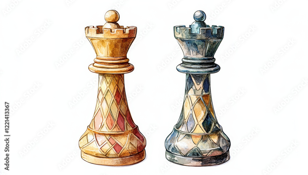Watercolor illustration of two chess pieces, king and queen, showcasing intricate designs and colors Watercolor illustration of two chess pieces, king and queen, showcasing intricate designs and colors