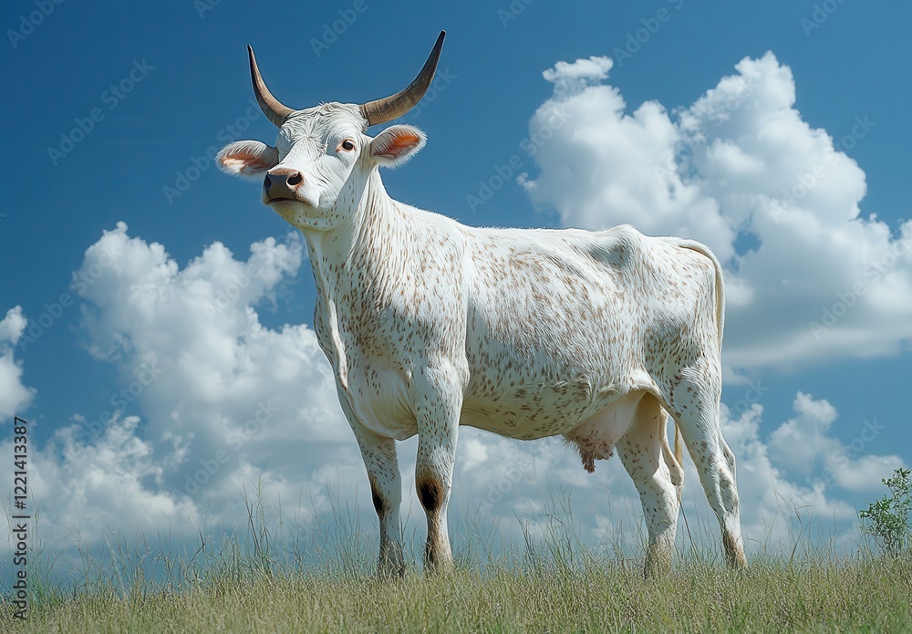 Majestic White Cow Standing Gracefully in a Lush Green Field Underneath a Bright Blue Sky with Fluffy White Clouds in the Background Majestic White Cow Standing Gracefully in a Lush Green Field Underneath a Bright Blue Sky with Fluffy White Clouds in the Background