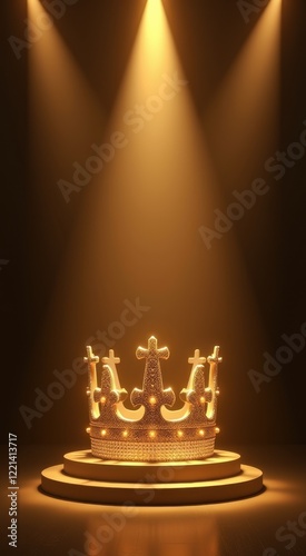 A close up of a crown on a pedestal with three spotlights
