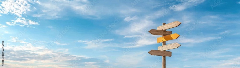 A directional signpost with multiple arrows stands against a clear blue sky, guiding travelers in various directions. A directional signpost with multiple arrows stands against a clear blue sky, guiding travelers in various directions.