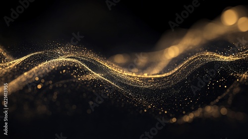 Abstract flowing golden particles against a dark background create a dynamic motion