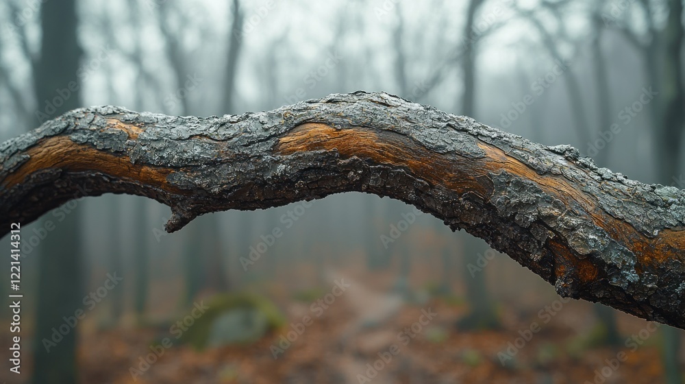 Frosty branch arching, misty forest path Frosty branch arching, misty forest path
