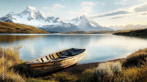Tranquil Lake Scene with Snow-Capped Mountains and a Wooden Rowboat on the Shore