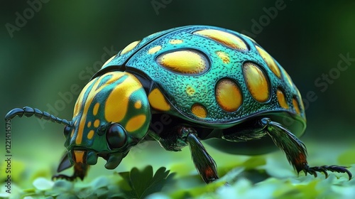 Closeup of a vibrant multicolored polka dotted beetle crawling on a green leaf in a lush verdant garden  The insect s intricate shell pattern and bright colors create a stunning natural design photo