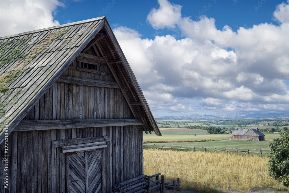 A rustic barn with weathered wood planks, a pitched roof, and a backdrop of open farmland A rustic barn with weathered wood planks, a pitched roof, and a backdrop of open farmland