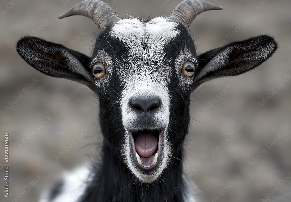 Playful Black and White Goat Displaying Its Teeth with Wide Grin in a Natural Outdoor Setting Captured in Detail and Clarity for Stock Photography Use Playful Black and White Goat Displaying Its Teeth with Wide Grin in a Natural Outdoor Setting Captured in Detail and Clarity for Stock Photography Use