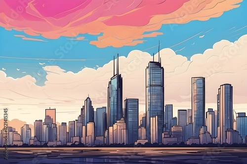 comic book style of the downtown city skyline. illustration of digital art. AI that is generative.