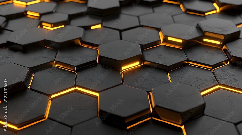 Abstract 3D rendering of a dark textured honeycomb with orange light between the hex cells Abstract 3D rendering of a dark textured honeycomb with orange light between the hex cells