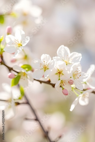 Wallpaper Mural Delicate white blossoms with hints of pink cluster along a slender branch, softly illuminated against a bright, blurred background. Springtime beauty in bloom. Torontodigital.ca