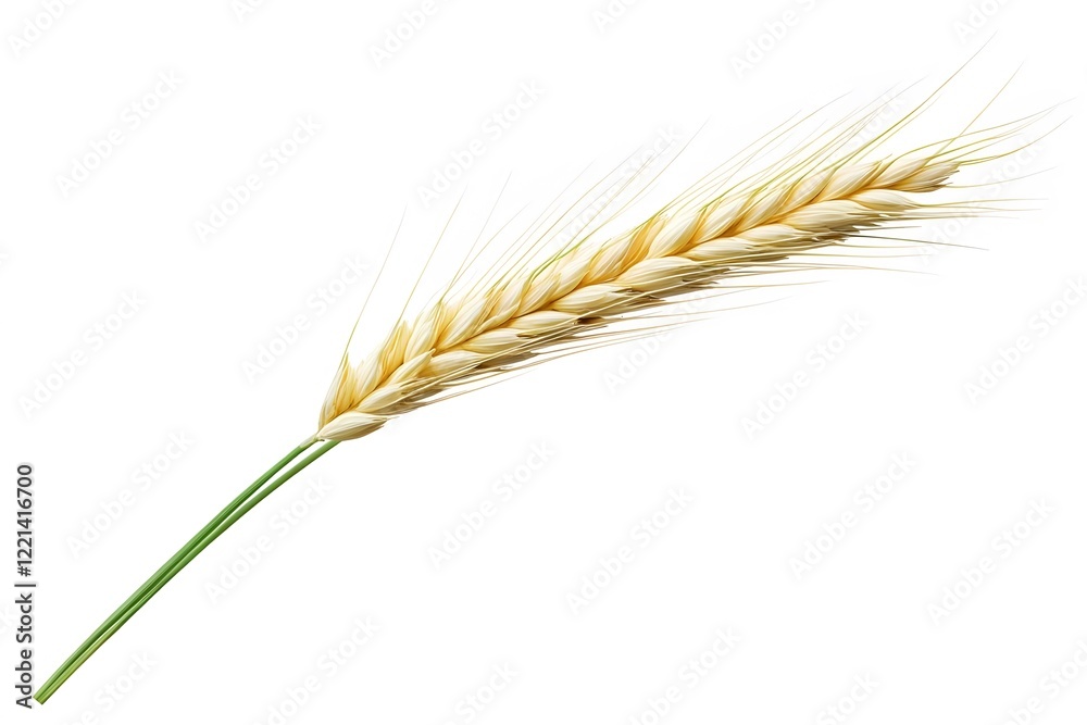 Golden wheat spike on a green stem isolated on a white background. Golden wheat spike on a green stem isolated on a white background.